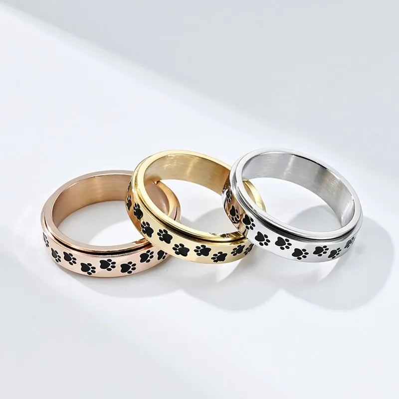 6mm Stainless Steel Black Enamel Paw Print Spinner Ring for Women - PeticaDeals