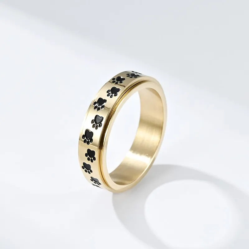 6mm Stainless Steel Black Enamel Paw Print Spinner Ring for Women - PeticaDeals