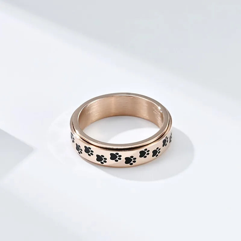 6mm Stainless Steel Black Enamel Paw Print Spinner Ring for Women - PeticaDeals