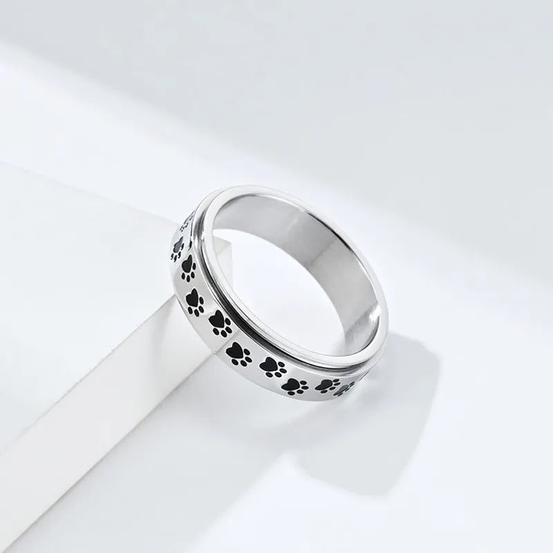 6mm Stainless Steel Black Enamel Paw Print Spinner Ring for Women - PeticaDeals