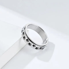 6mm Stainless Steel Black Enamel Paw Print Spinner Ring for Women - PeticaDeals