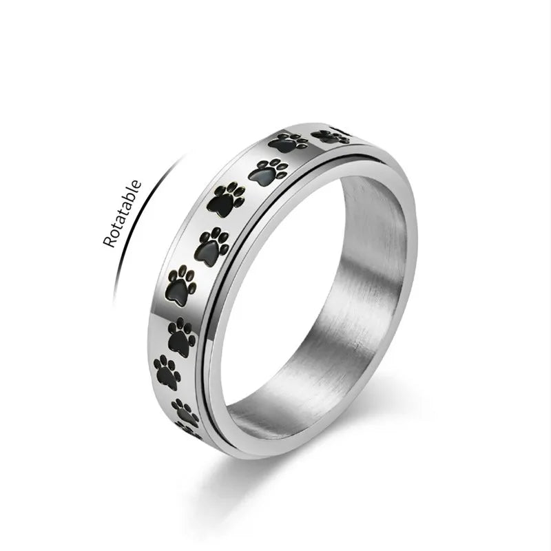 6mm Stainless Steel Black Enamel Paw Print Spinner Ring for Women - PeticaDeals