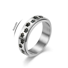 6mm Stainless Steel Black Enamel Paw Print Spinner Ring for Women - PeticaDeals