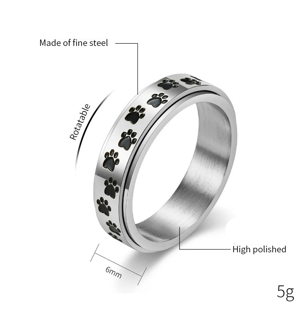 6mm Stainless Steel Black Enamel Paw Print Spinner Ring for Women - PeticaDeals