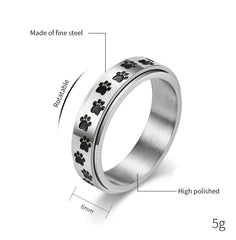 6mm Stainless Steel Black Enamel Paw Print Spinner Ring for Women - PeticaDeals