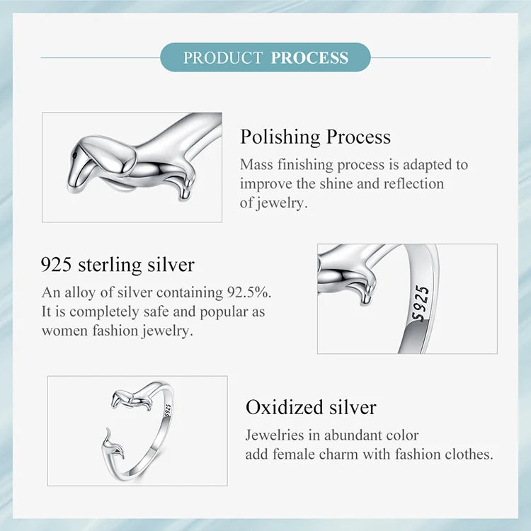 925 Sterling Silver Cute Dachshund Dog Adjustable Rings Stud Earrings Original Girl Lovely - PeticaDeals