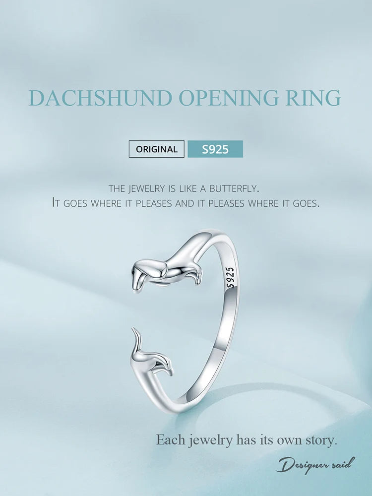 925 Sterling Silver Cute Dachshund Dog Adjustable Rings Stud Earrings Original Girl Lovely - PeticaDeals