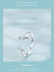 925 Sterling Silver Cute Dachshund Dog Adjustable Rings Stud Earrings Original Girl Lovely - PeticaDeals