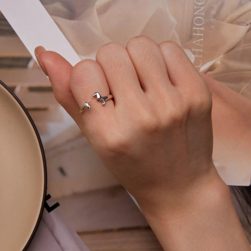 925 Sterling Silver Cute Dachshund Dog Adjustable Rings Stud Earrings Original Girl Lovely - PeticaDeals