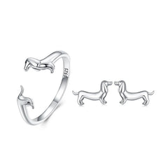 925 Sterling Silver Cute Dachshund Dog Adjustable Rings Stud Earrings Original Girl Lovely - PeticaDeals