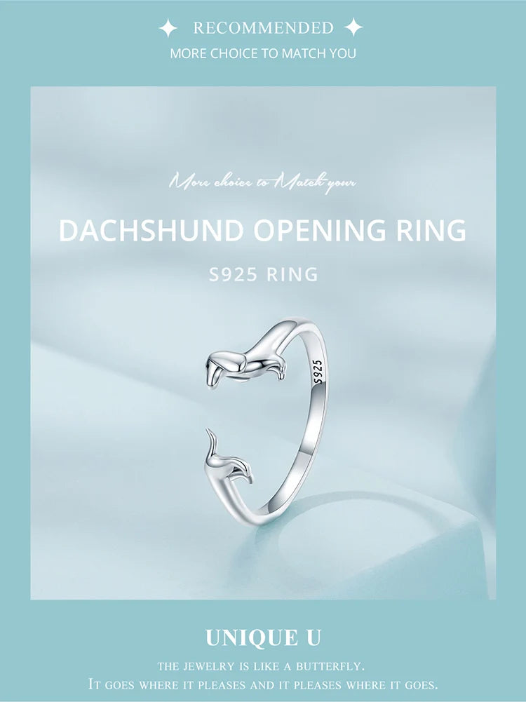 925 Sterling Silver Cute Dachshund Dog Adjustable Rings Stud Earrings Original Girl Lovely - PeticaDeals