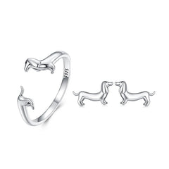 925 Sterling Silver Cute Dachshund Dog Adjustable Rings Stud Earrings Original Girl Lovely - PeticaDeals