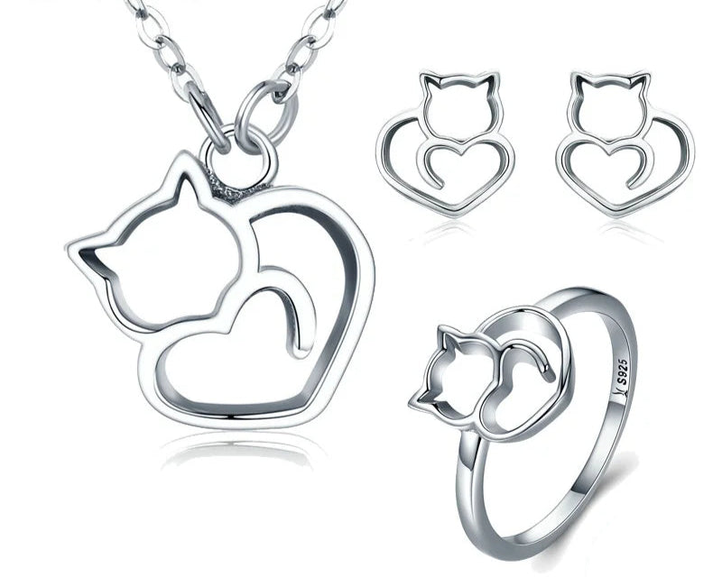 925 Sterling Silver Fashion Cute Cat Animal Earrings Rings Women Jewelry Sets Wedding Silver Jewelry - PeticaDeals