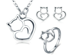 925 Sterling Silver Fashion Cute Cat Animal Earrings Rings Women Jewelry Sets Wedding Silver Jewelry - PeticaDeals