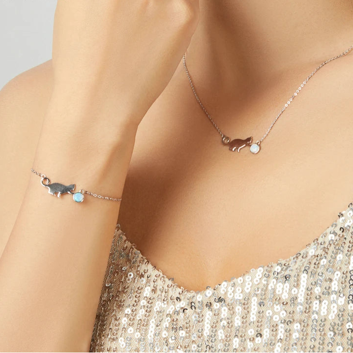 925 Sterling Silver Kitty Pussy Cat with Ball Opal  Chain Necklace Bracelet Jewelry Sets Statement Jewelry Gifts - PeticaDeals