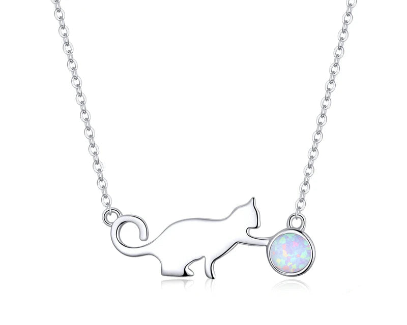 925 Sterling Silver Kitty Pussy Cat with Ball Opal  Chain Necklace Bracelet Jewelry Sets Statement Jewelry Gifts - PeticaDeals