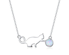 925 Sterling Silver Kitty Pussy Cat with Ball Opal  Chain Necklace Bracelet Jewelry Sets Statement Jewelry Gifts - PeticaDeals