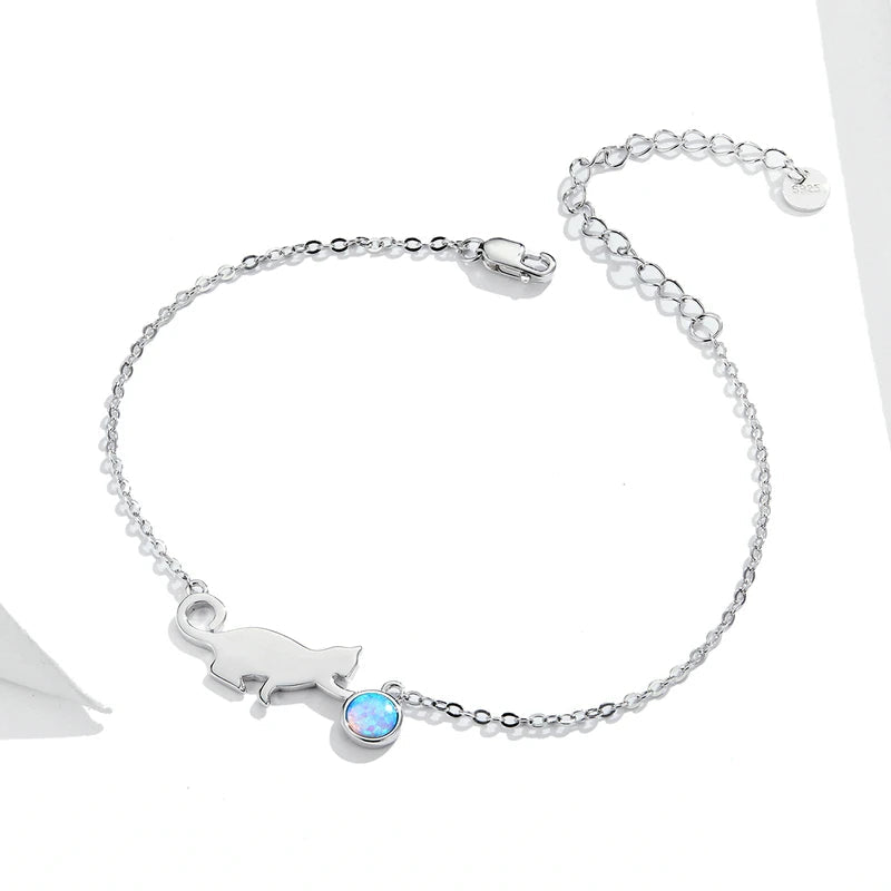 925 Sterling Silver Kitty Pussy Cat with Ball Opal  Chain Necklace Bracelet Jewelry Sets Statement Jewelry Gifts - PeticaDeals