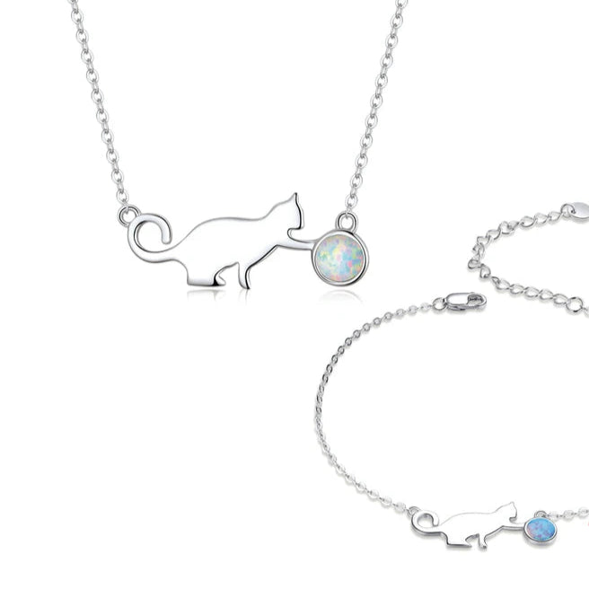 925 Sterling Silver Kitty Pussy Cat with Ball Opal  Chain Necklace Bracelet Jewelry Sets Statement Jewelry Gifts - PeticaDeals