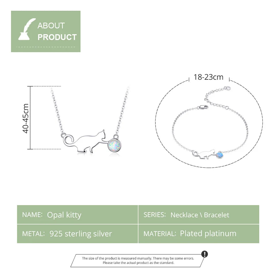 925 Sterling Silver Kitty Pussy Cat with Ball Opal  Chain Necklace Bracelet Jewelry Sets Statement Jewelry Gifts - PeticaDeals