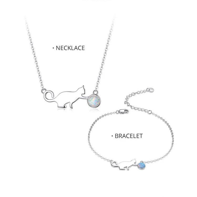 925 Sterling Silver Kitty Pussy Cat with Ball Opal  Chain Necklace Bracelet Jewelry Sets Statement Jewelry Gifts - PeticaDeals