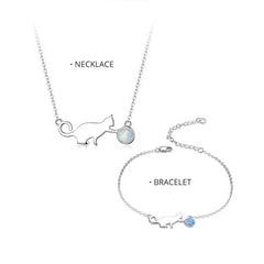 925 Sterling Silver Kitty Pussy Cat with Ball Opal  Chain Necklace Bracelet Jewelry Sets Statement Jewelry Gifts - PeticaDeals