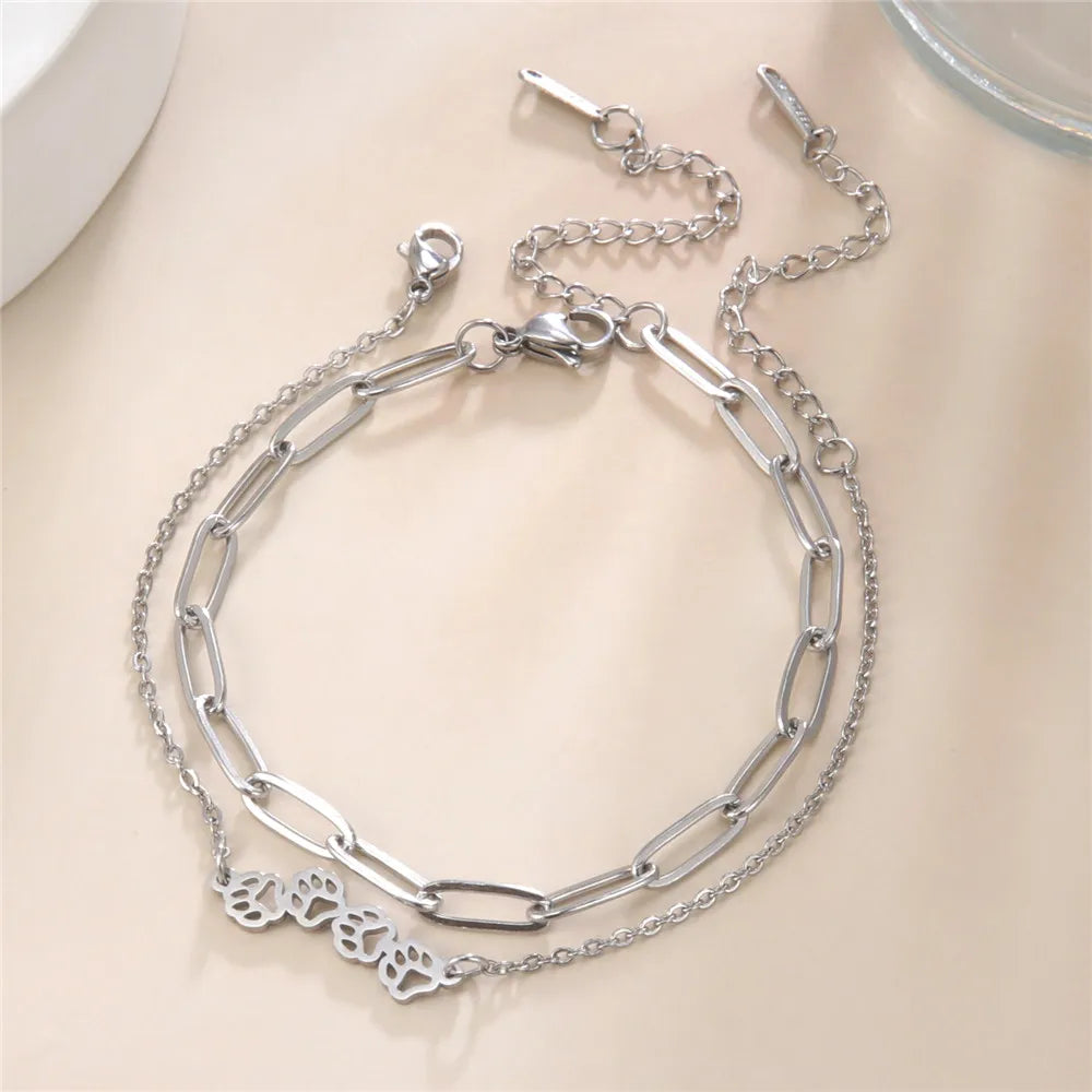 Cat Dog Paw Anklet Women Stainless Steel Double Layer Beads Chain Ankle Bracelet Animal Footprints - PeticaDeals