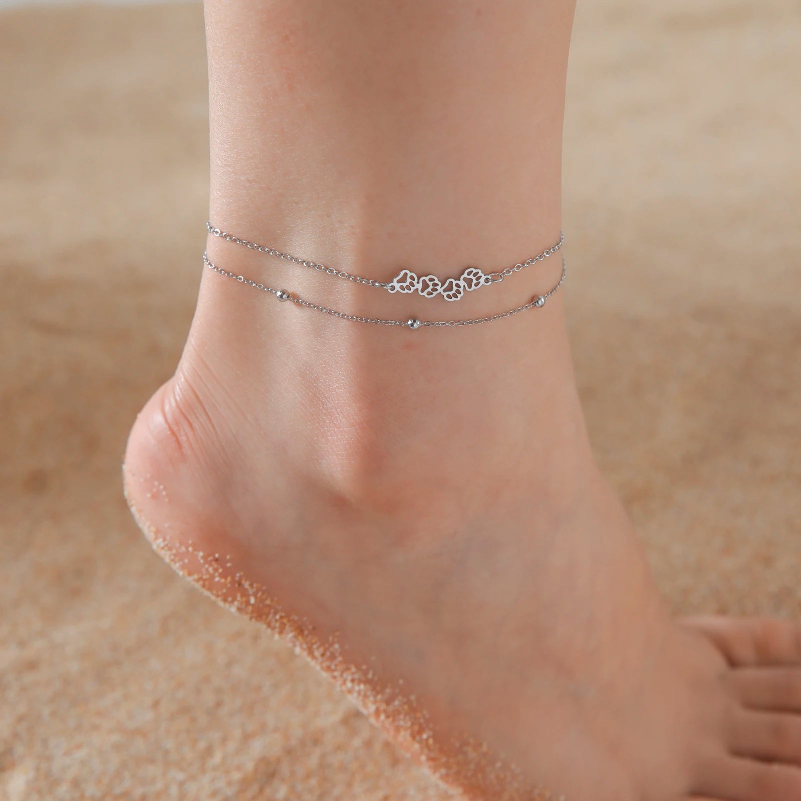 Cat Dog Paw Anklet Women Stainless Steel Double Layer Beads Chain Ankle Bracelet Animal Footprints - PeticaDeals