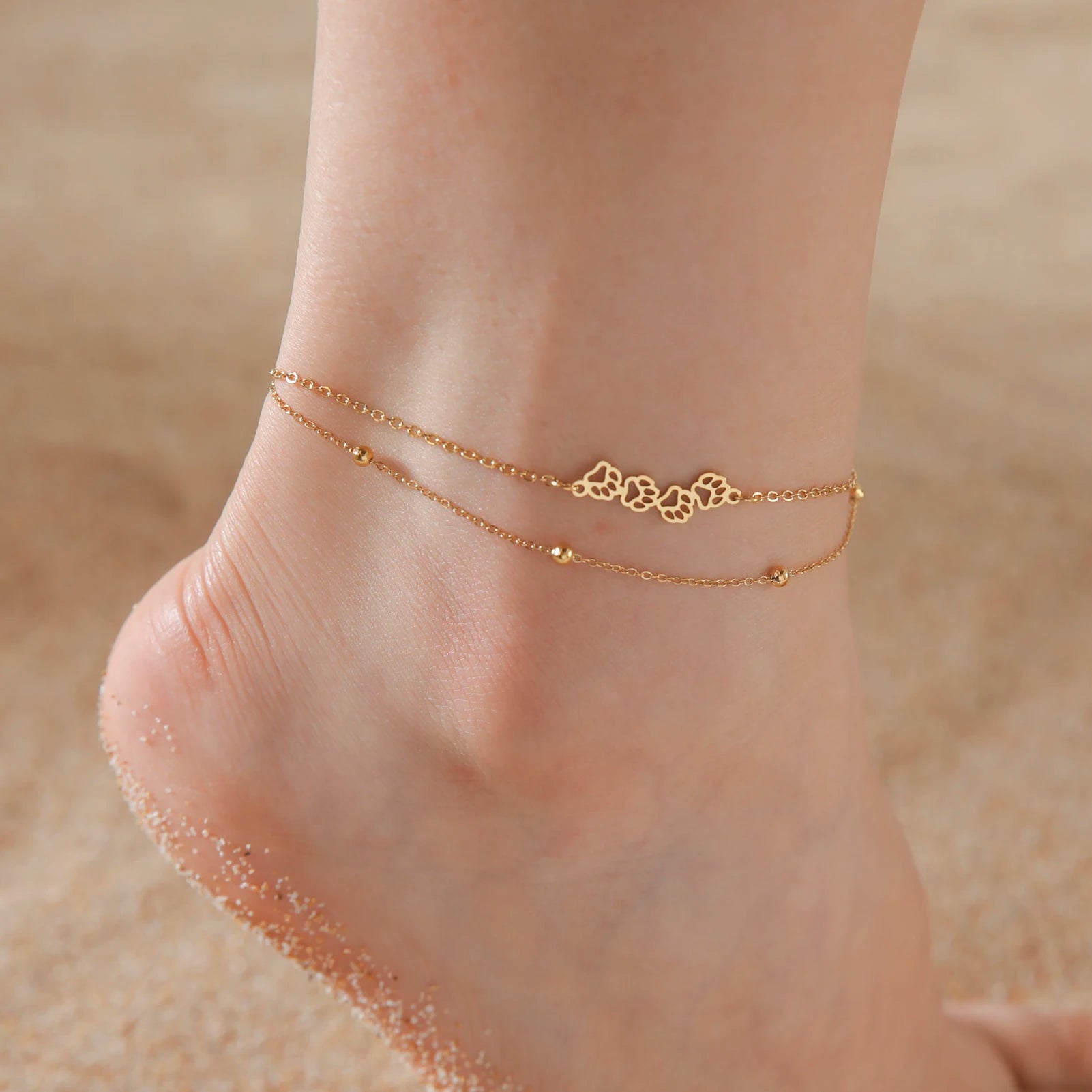 Cat Dog Paw Anklet Women Stainless Steel Double Layer Beads Chain Ankle Bracelet Animal Footprints - PeticaDeals