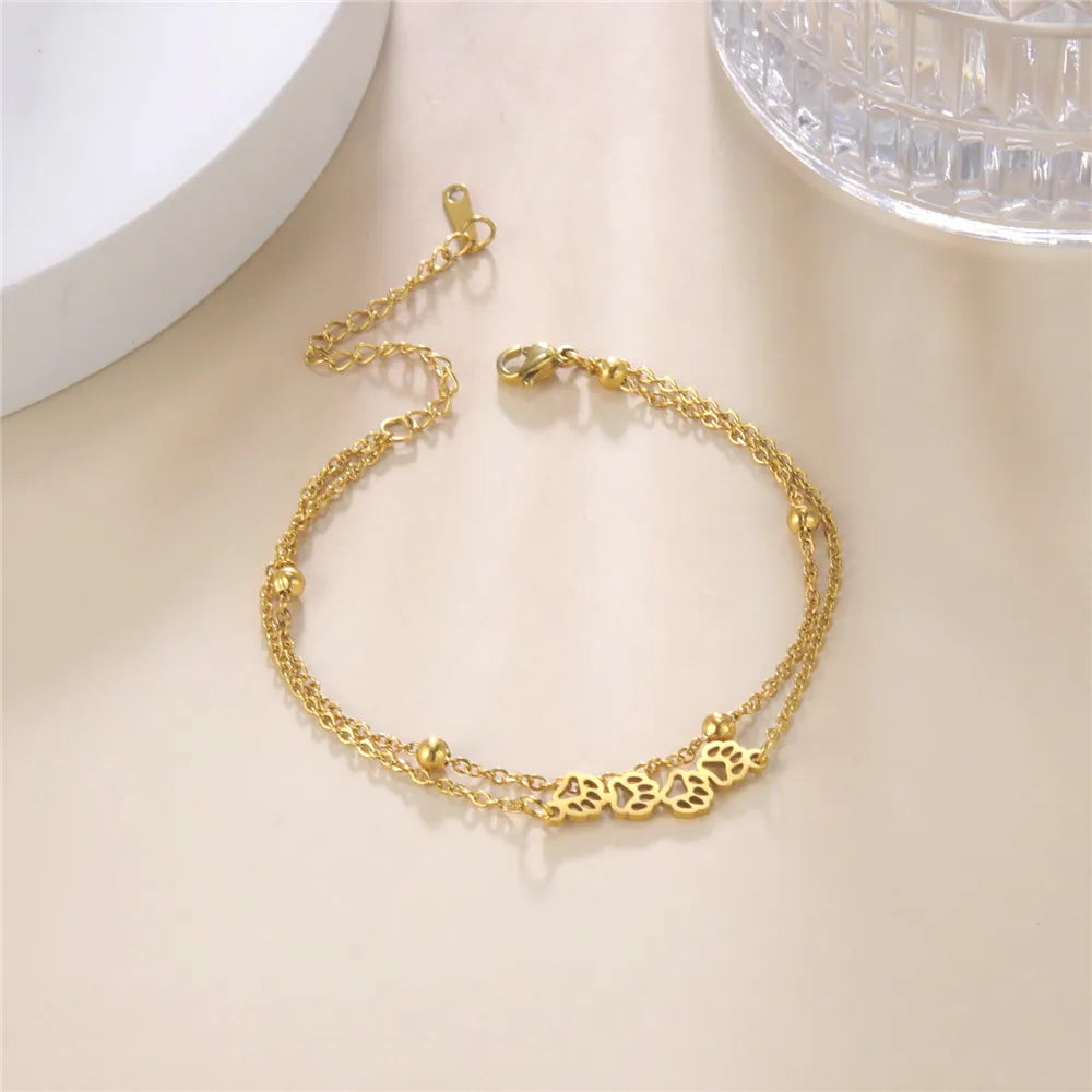 Cat Dog Paw Anklet Women Stainless Steel Double Layer Beads Chain Ankle Bracelet Animal Footprints - PeticaDeals