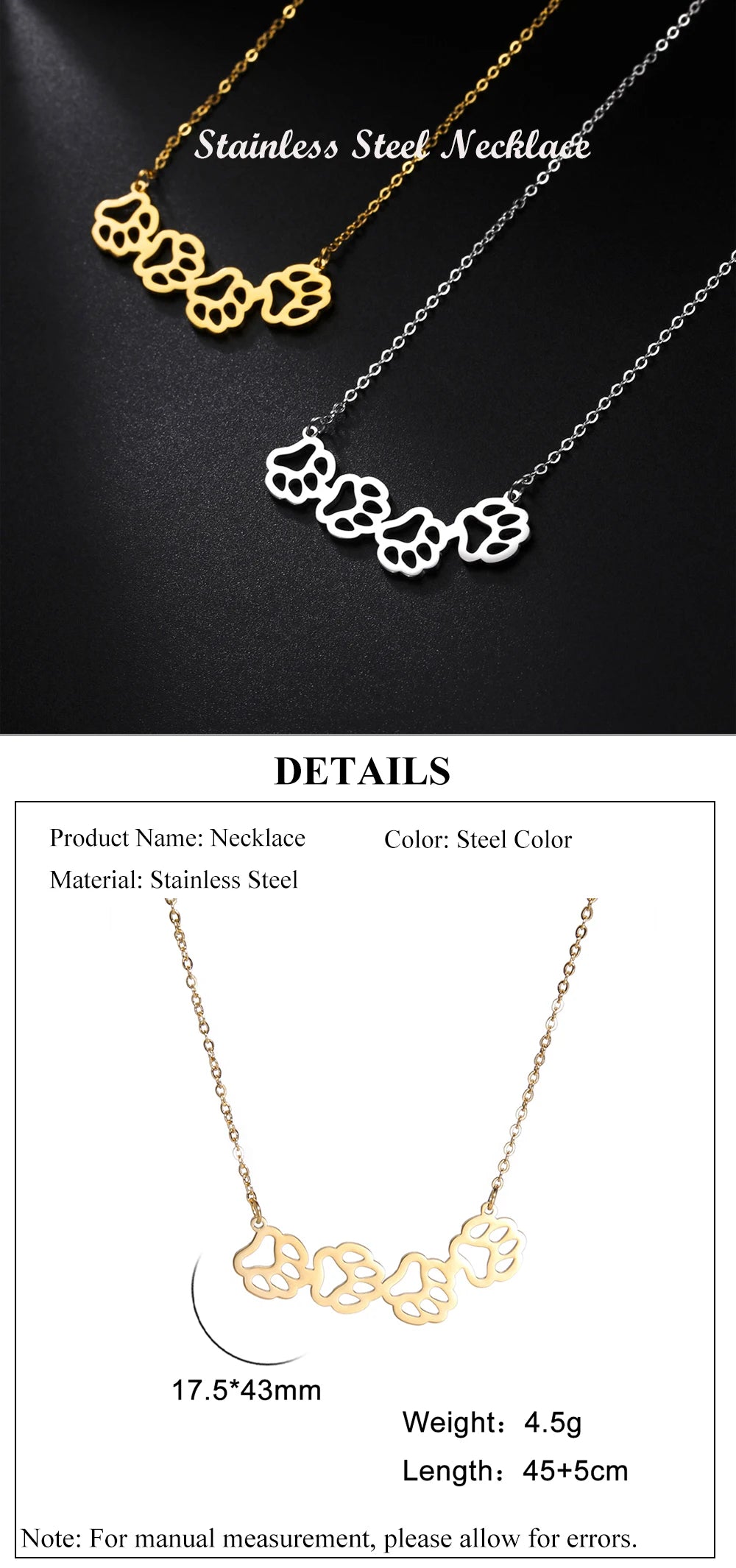 Cat Dog Pet Paw Necklace Stainless Steel Cute Footprint Necklaces Girls Jewelry - PeticaDeals