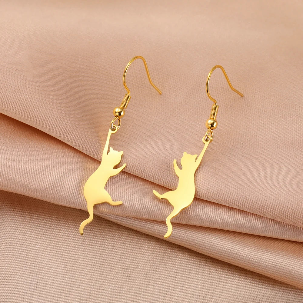 Cat Kitten Dangle Earrings for Girls Stainless Steel Cute Animal Earrings - PeticaDeals