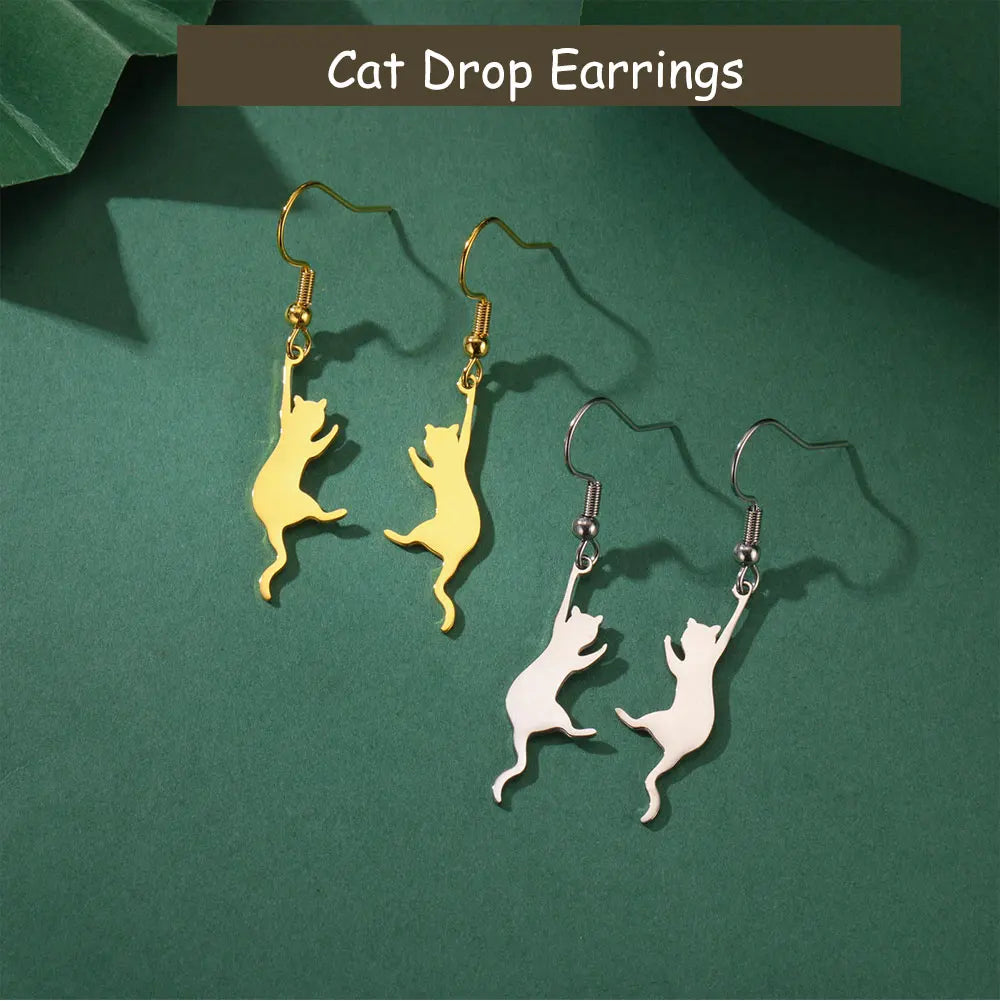 Cat Kitten Dangle Earrings for Girls Stainless Steel Cute Animal Earrings - PeticaDeals