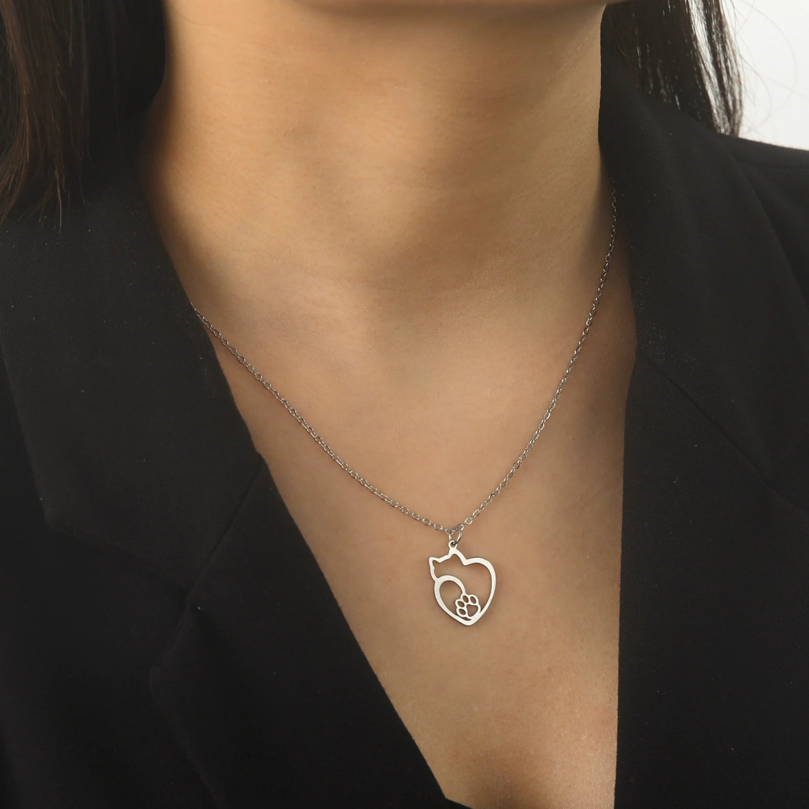 Cat Kitten Heart Paw Pendant Necklaces for Women Animal Jewelry Stainless Steel Neck Chain Necklace - PeticaDeals