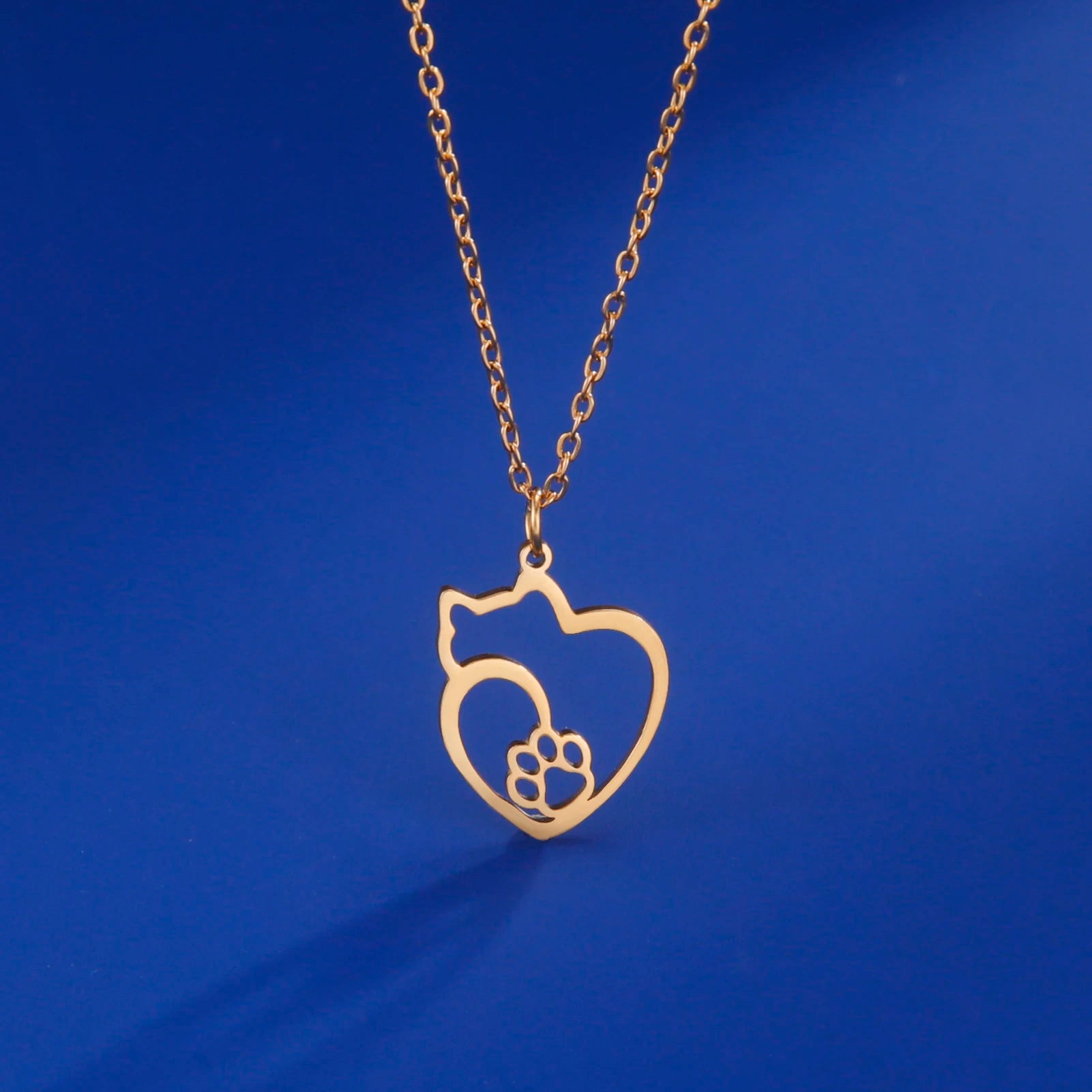Cat Kitten Heart Paw Pendant Necklaces for Women Animal Jewelry Stainless Steel Neck Chain Necklace - PeticaDeals