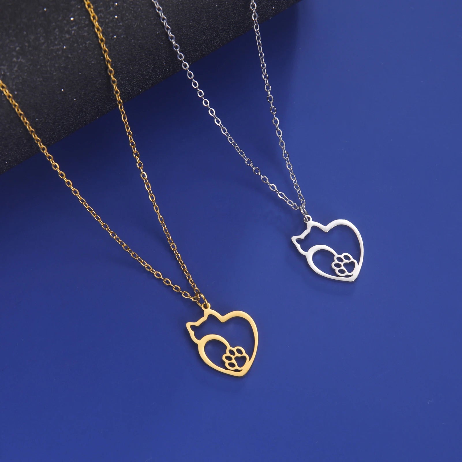 Cat Kitten Heart Paw Pendant Necklaces for Women Animal Jewelry Stainless Steel Neck Chain Necklace - PeticaDeals