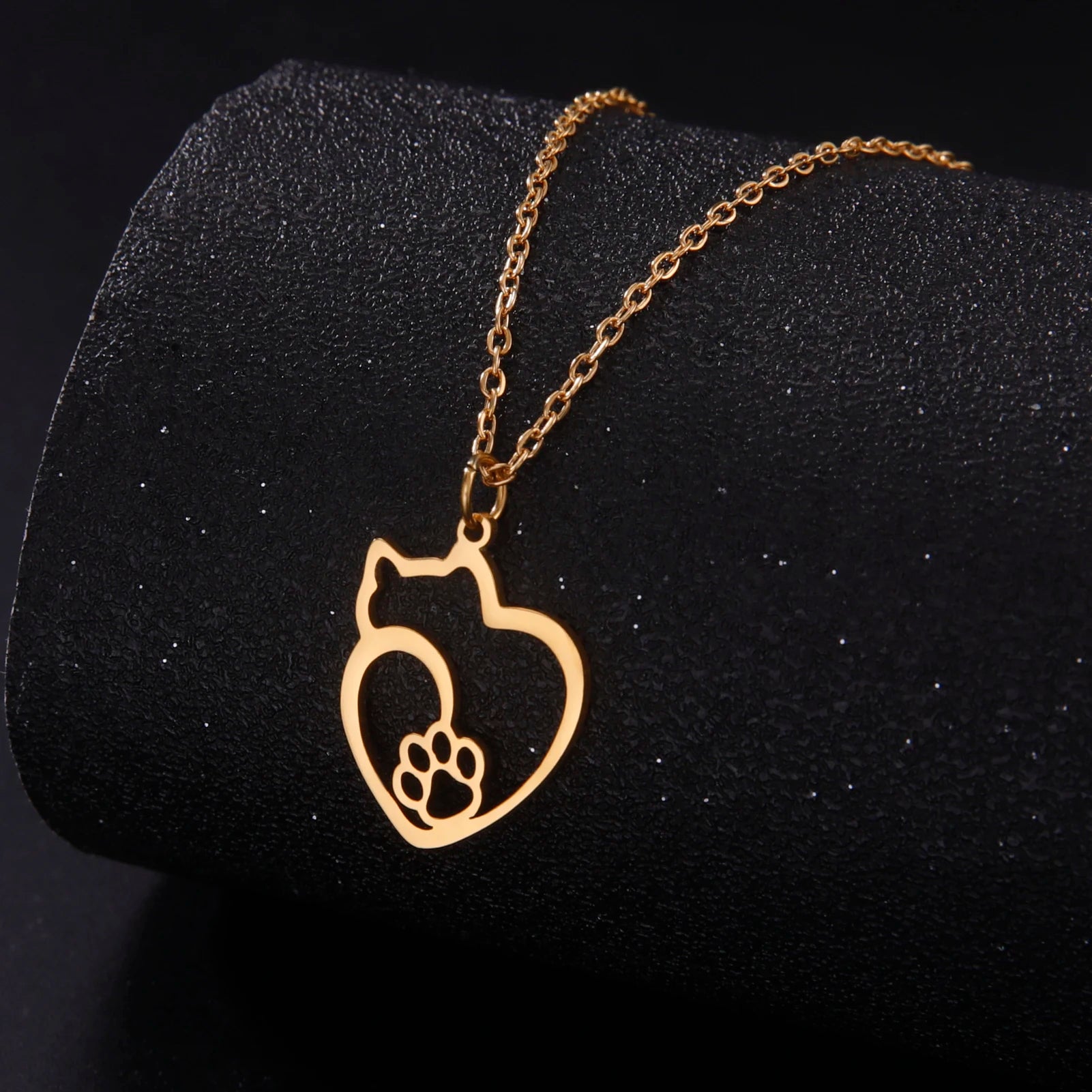 Cat Kitten Heart Paw Pendant Necklaces for Women Animal Jewelry Stainless Steel Neck Chain Necklace - PeticaDeals