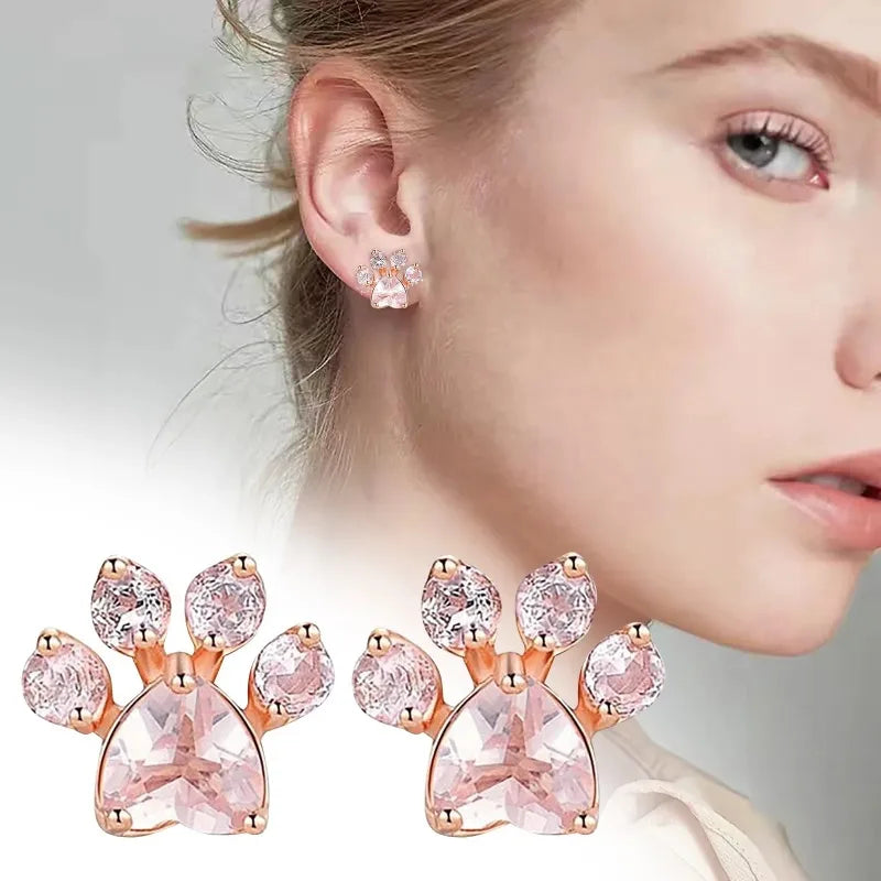 Cat Paw 925 Sterling Silver Earrings For Women Rose Quartz Stud Earring Gemstone Stud Earrings Fine - PeticaDeals