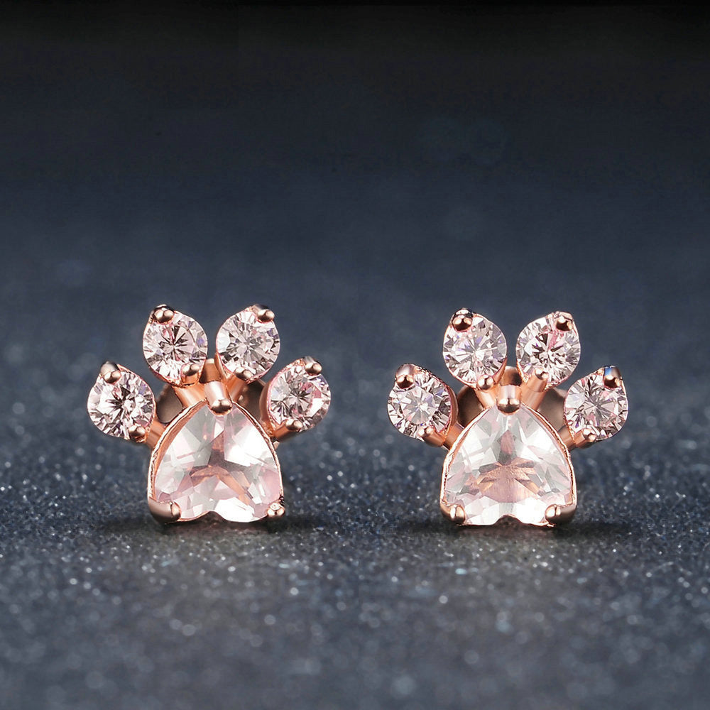 Cat Paw 925 Sterling Silver Earrings For Women Rose Quartz Stud Earring Gemstone Stud Earrings Fine - PeticaDeals