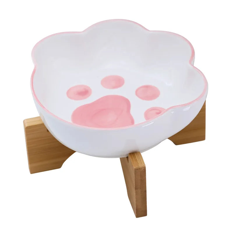 Cat Paw Shape Pet Ceramic Bowl with Bamboo Stand - PeticaDeals
