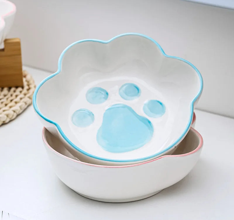 Cat Paw Shape Pet Ceramic Bowl with Bamboo Stand - PeticaDeals