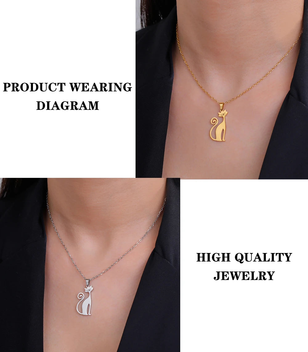 Cat Pendant Necklace Stainless Steel Cute Animal Chain Necklace for Women Fashion Choker Jewelry - PeticaDeals