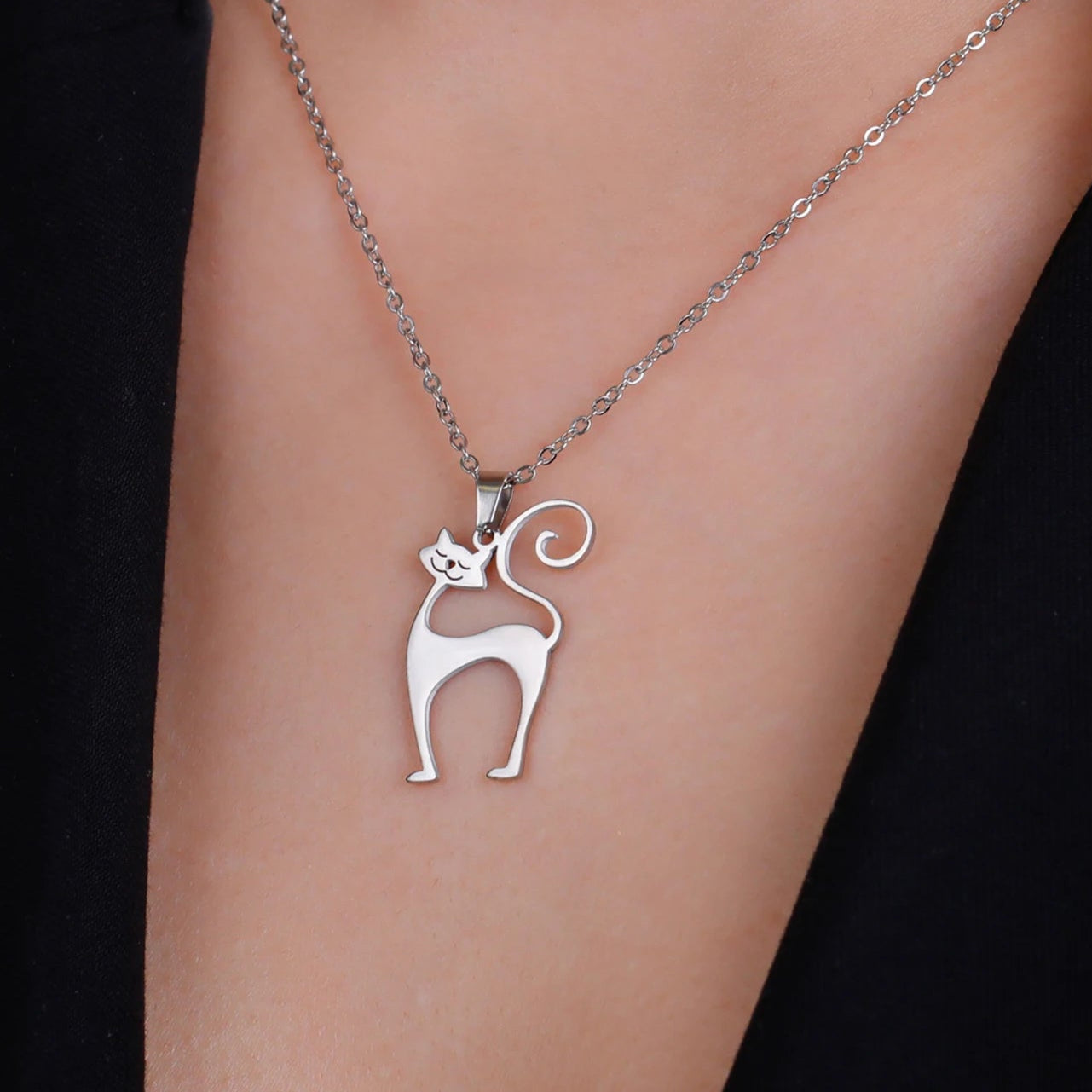 Cat Pendant Necklace Stainless Steel Cute Animal Chain Necklace for Women Fashion Choker Jewelry - PeticaDeals