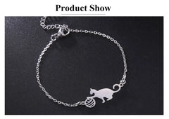 Cat Playing Ball of Yarn Bracelets for Women Stainless Steel Animal Cute Kitten Charm Bracelet - PeticaDeals