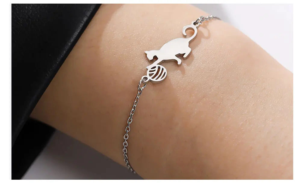 Cat Playing Ball of Yarn Bracelets for Women Stainless Steel Animal Cute Kitten Charm Bracelet - PeticaDeals