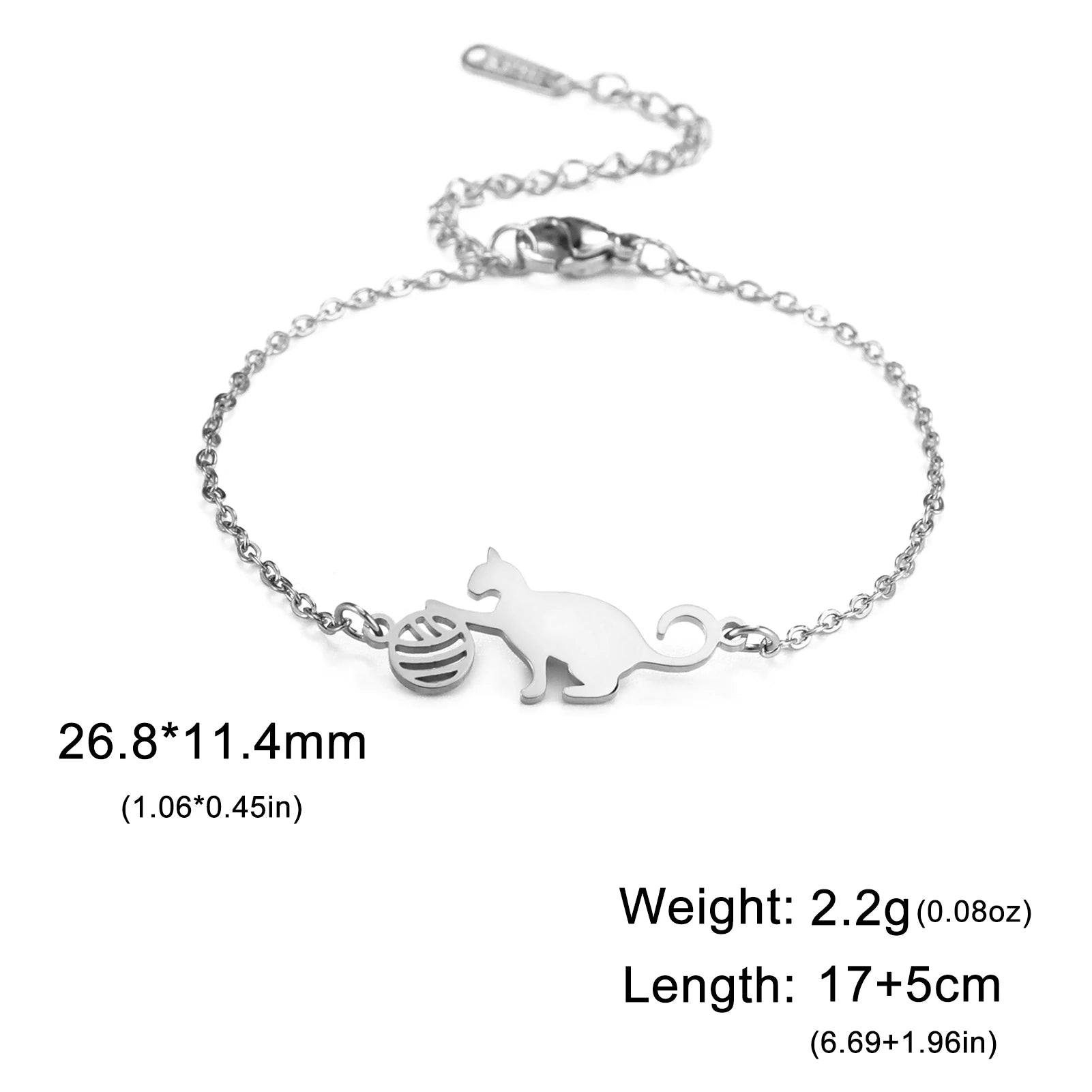 Cat Playing Ball of Yarn Bracelets for Women Stainless Steel Animal Cute Kitten Charm Bracelet - PeticaDeals