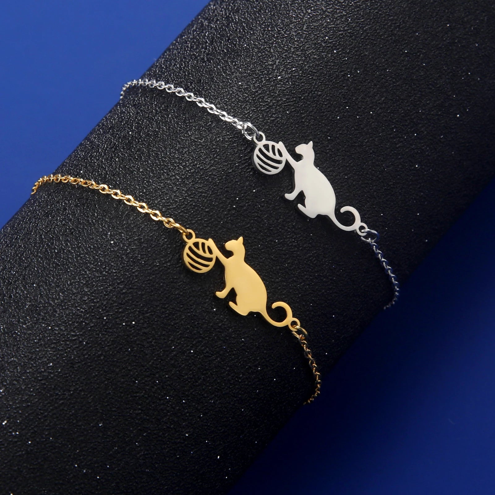 Cat Playing Ball of Yarn Bracelets for Women Stainless Steel Animal Cute Kitten Charm Bracelet - PeticaDeals
