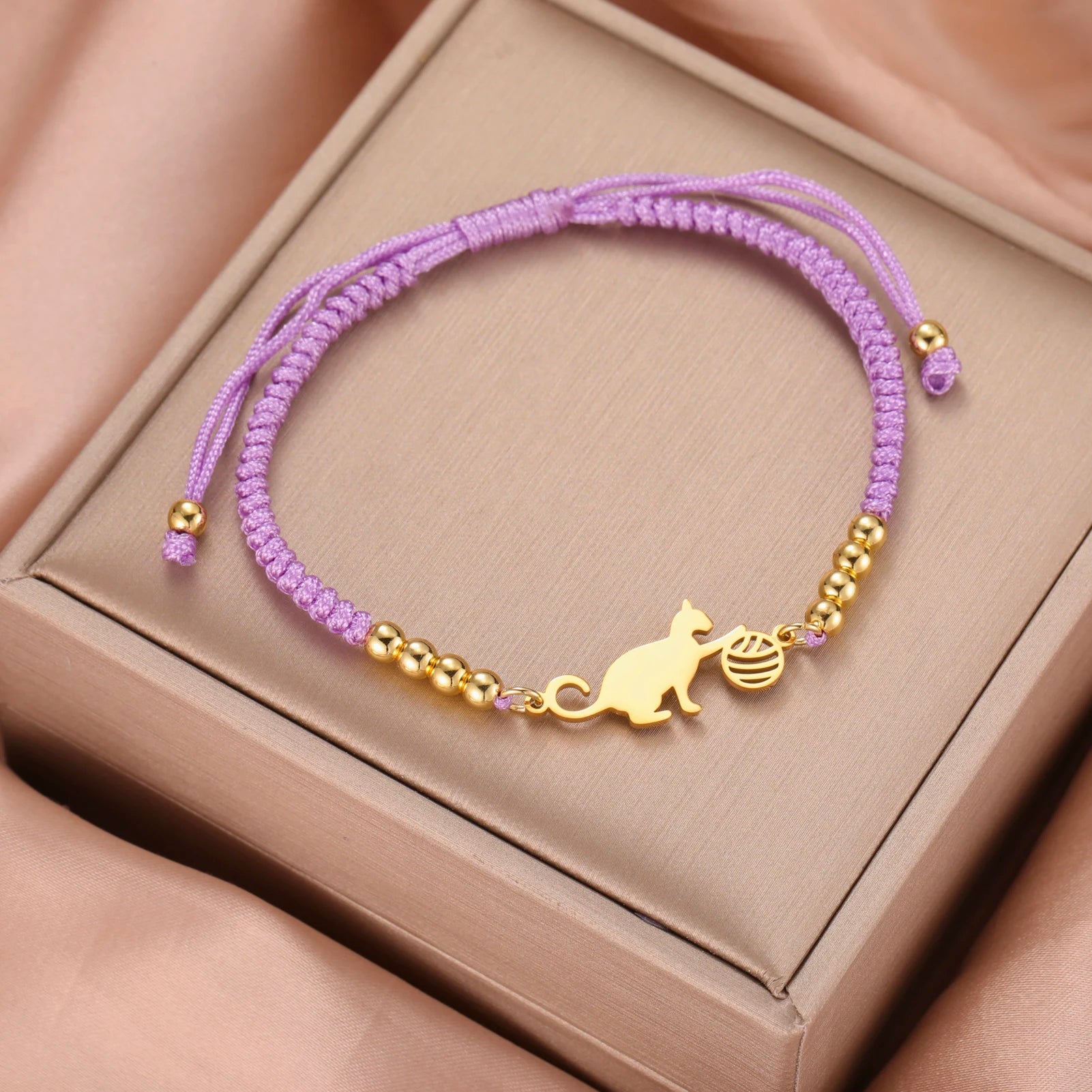 Cat Playing Ball of Yarn Bracelets for Women Stainless Steel Animal Cute Kitten Charm Bracelet - PeticaDeals