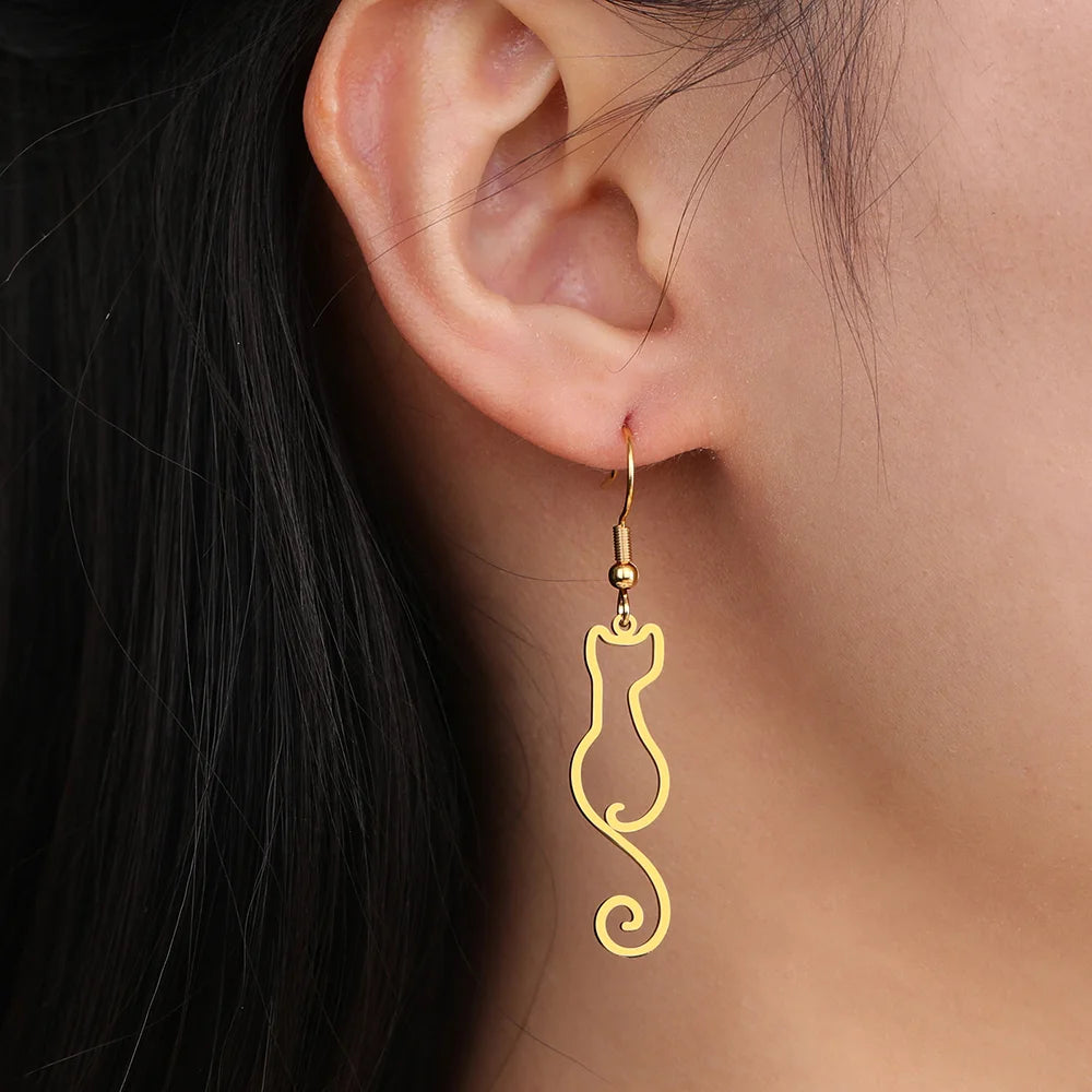 Cat Silhouette Drop Earrings for Women Stainless Steel Cute Cat Hollow Geometric Dangle Earrings Jewelry - PeticaDeals