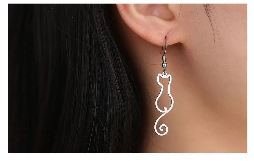 Cat Silhouette Drop Earrings for Women Stainless Steel Cute Cat Hollow Geometric Dangle Earrings Jewelry - PeticaDeals